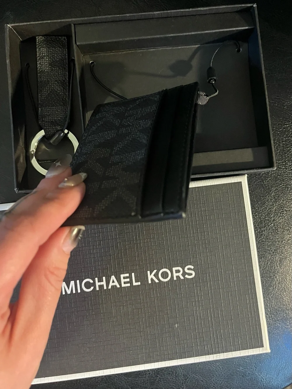 Michael Kors Black Textured Leather Card Holder with Keyring
